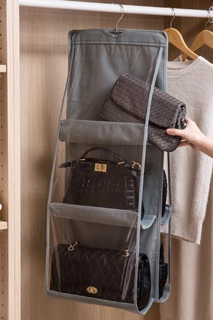 6 Pocket Hanging Handbag Organizer For Wardrobe Closet, Gray